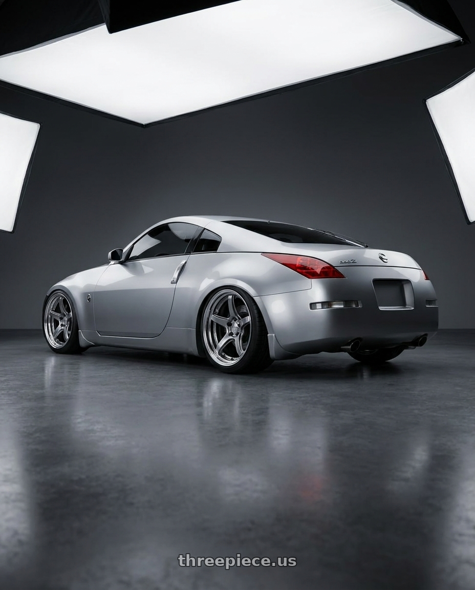 2008 nissan 350z base silver with Work T5R 2P 5x114.3 18x10.5 +22 GT SILVER wheels rear three quarter view square tires