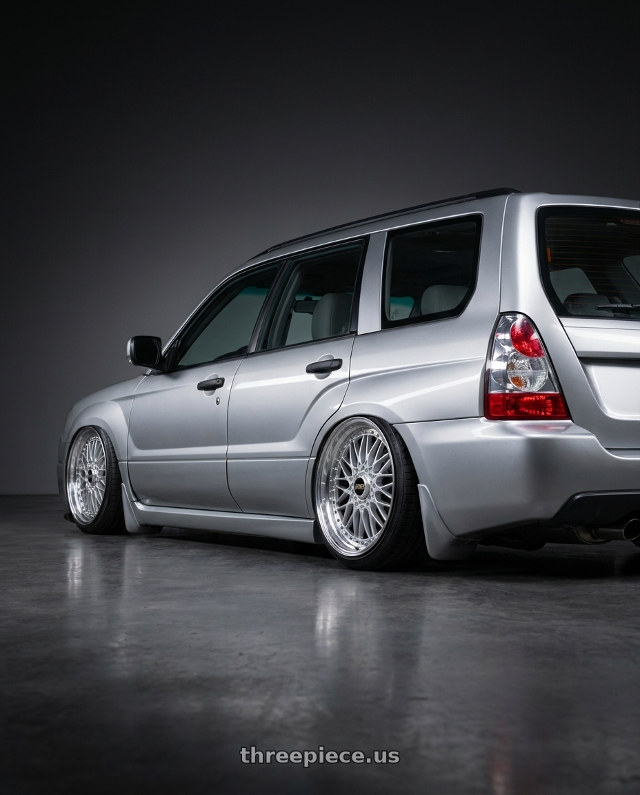 2006 Subaru fozzy with BBS Super-RS 5x112 19x9.0+42 Silver wheels rear three quarter view slight stretch tires
