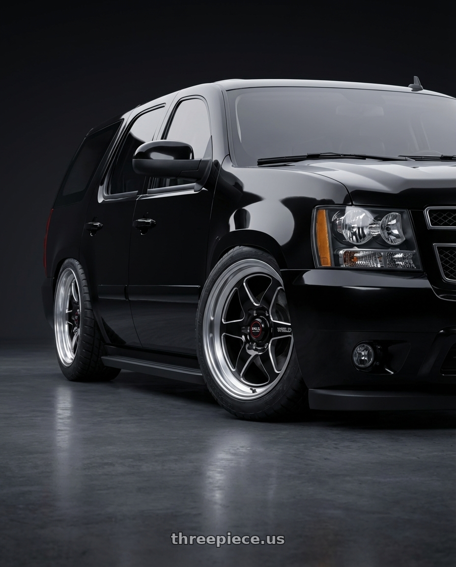 2007 Chevy Tahoe, black with WELD Street Performance Ventura Six 6x139.7 20x9.5 +6 Gloss Black/Milled Diamond Cut Lip wheels