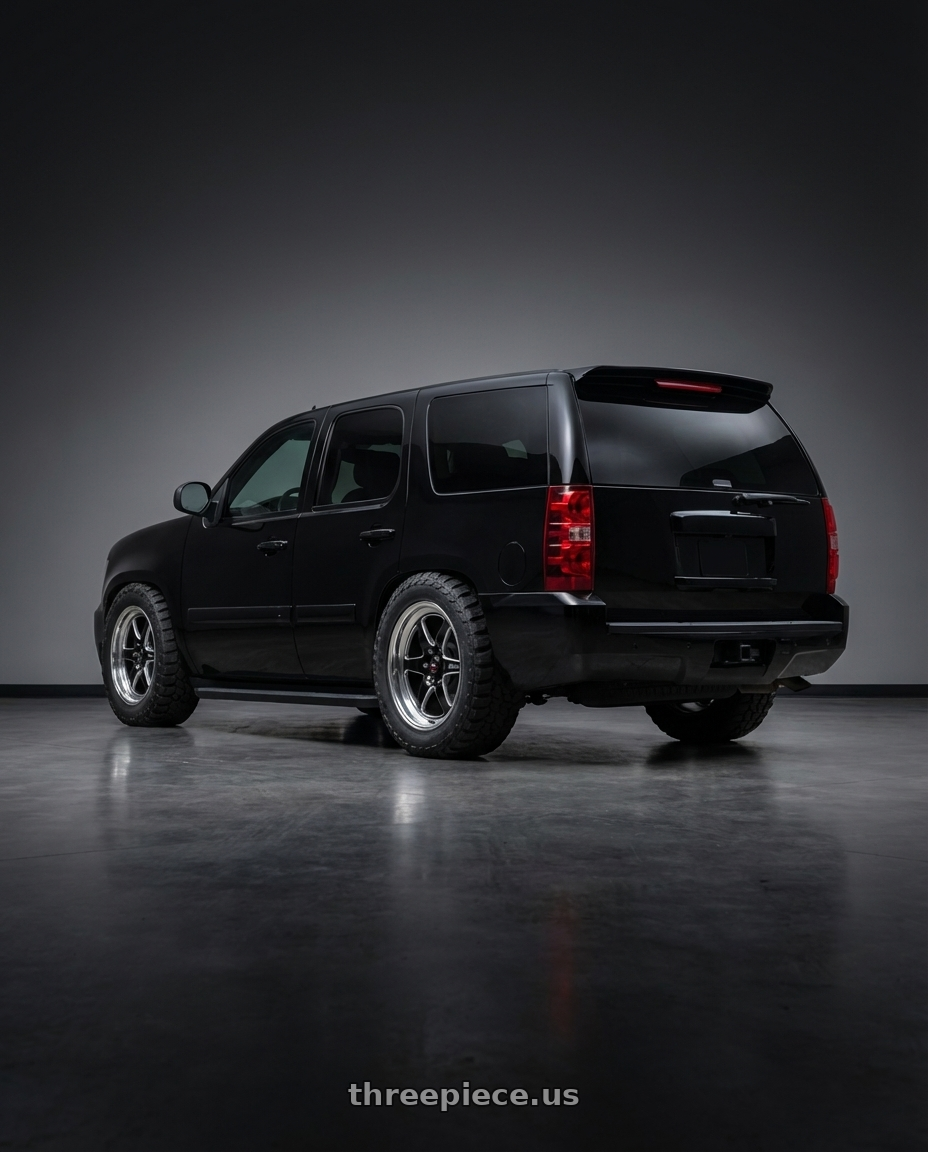2007 Chevy Tahoe, black with WELD Street Performance Ventura Six 6x139.7 20x9.5 +6 Gloss Black/Milled Diamond Cut Lip wheels rear three quarter view meaty tires