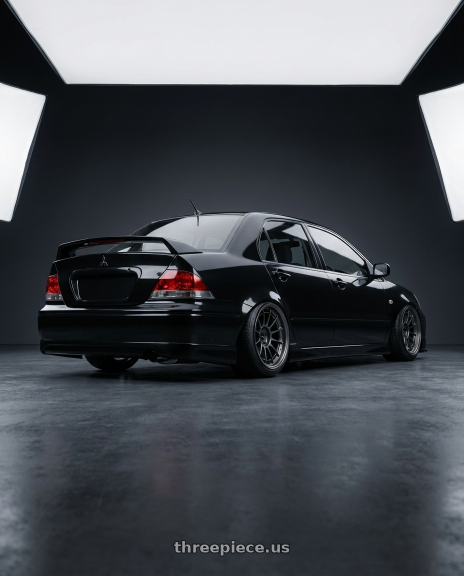 2002 Mitsubishi Lancer Cedia with Enkei NT03RR 5x114.3 17x9+12 Gunmetal wheels rear three quarter view slight stretch tires