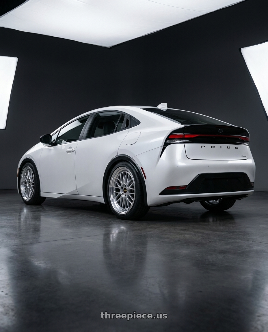 2026 toyota pruis with BBS LM 5x114.3 18x9.0+25 Diamond Silver wheels rear three quarter view square tires