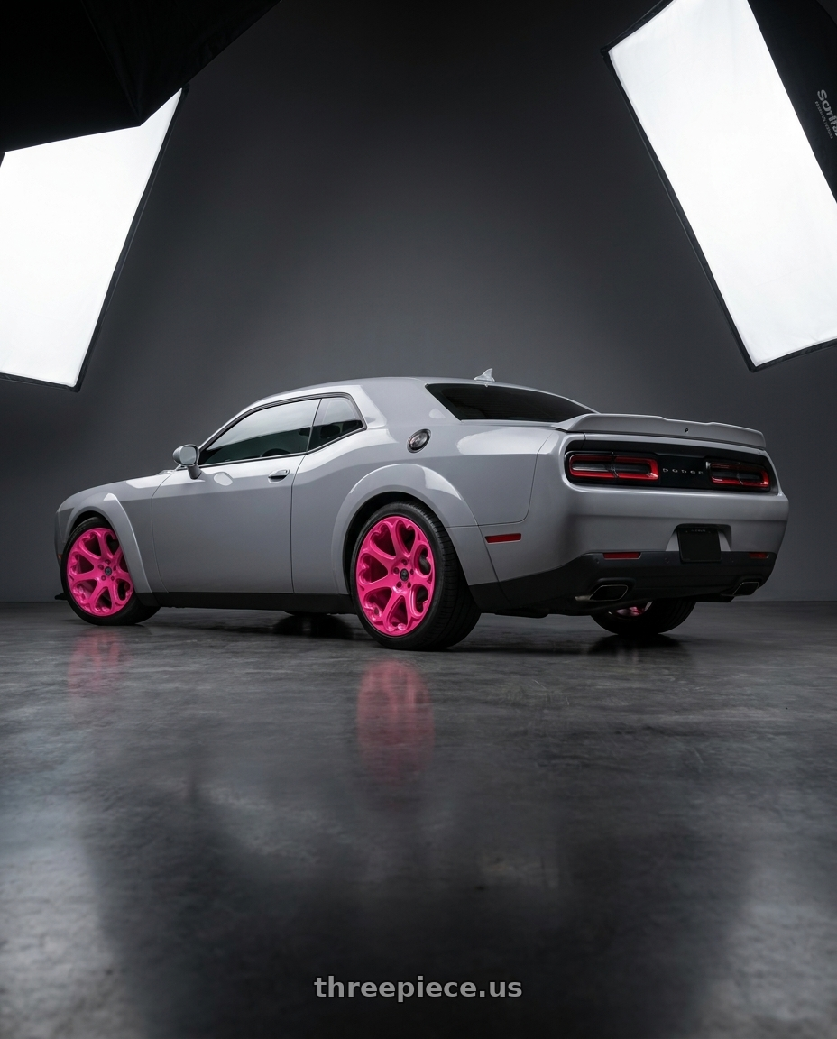 2021 dodge challenger with Heritage Wheel Kokoro MonoC 5X115 20x9+25 Pink wheels rear three quarter view square tires