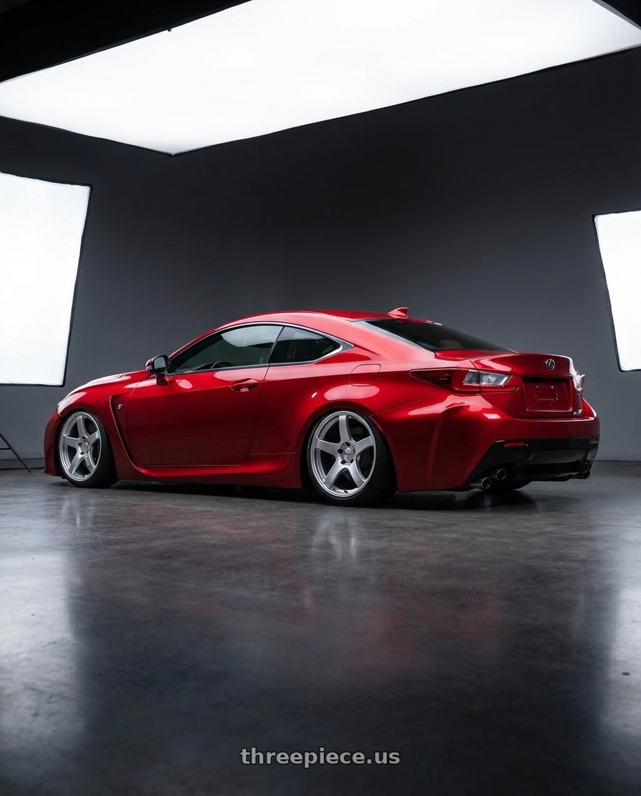 2018 Lexus RC F with Ssr Gtv01 5x114.3 19x8.5+38  GLARE SILVER wheels rear three quarter view slight stretch tires