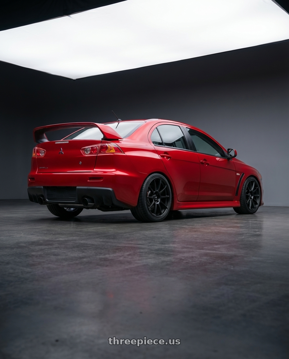 2012 Mitsubishi Lancer Evo X with Ssr Gtv02 5x114.3 18x9+45  FLAT BLACK wheels rear three quarter view square tires