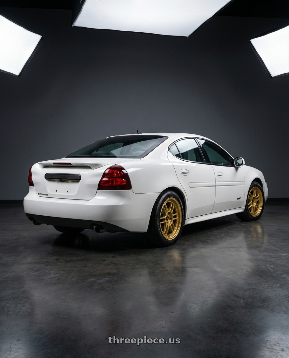 2004 Pontiac grand Prix white with Enkei RPF1 5x100 17x8+45 Gold wheels rear three quarter view square tires