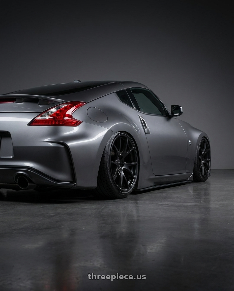 2012 Nissan 370z with Ssr Gtv03 5x114.3 18x8.5+40  FLAT BLACK wheels rear three quarter view slight stretch tires