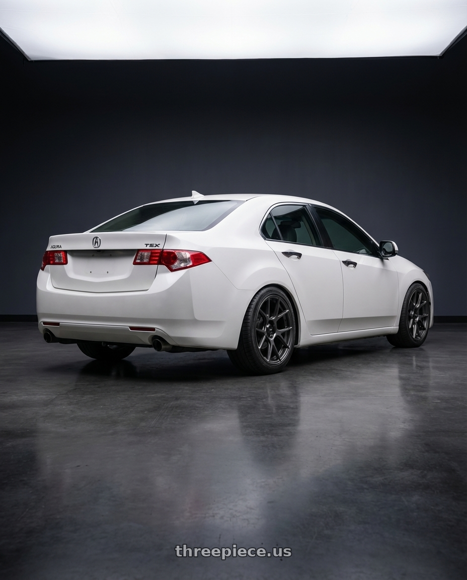 2013 Acura TSX with Konig Ampliform 5x114.3 18x10+20 Dark Metallic Graphite wheels rear three quarter view square tires