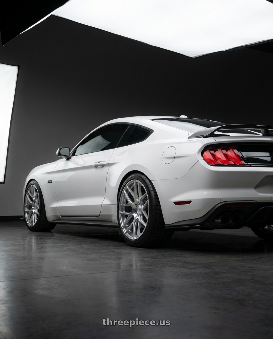 2019 mustang gt with Aodhan AFF1 5x120 20x9+30 Gloss Silver Machined Face wheels rear three quarter view square tires