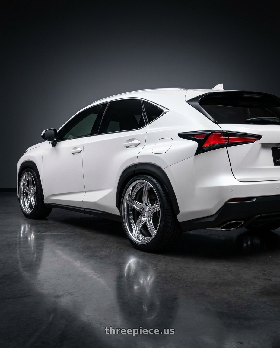 2019 Lexus NX with O.E. Revolution D-12 5x115 20x10.5 +25 Chrome wheels rear three quarter view slight stretch tires
