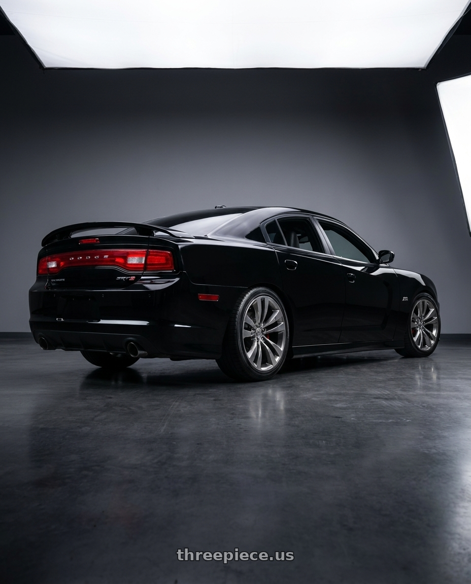 2013 Dodge charger SRT8 with OE Wheels DG15 5x115 20x9+18 Hyper wheels rear three quarter view square tires
