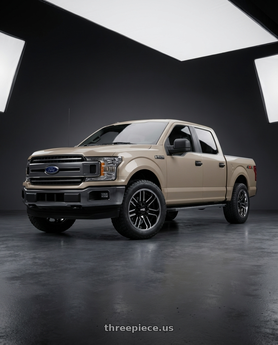 2019 Ford F-150 with Moto Metal MO202 6X135 20X10 -18 GLOSS BLACK MACHINED CENTER CHROME LIP wheels front three quarter view stock stance