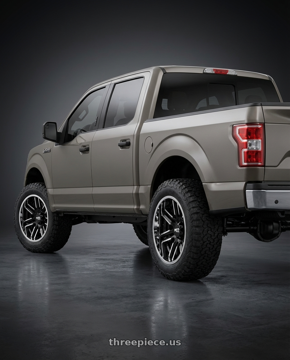 2019 Ford F-150 with Moto Metal MO202 6X135 20X10 -18 GLOSS BLACK MACHINED CENTER CHROME LIP wheels rear three quarter view meaty tires