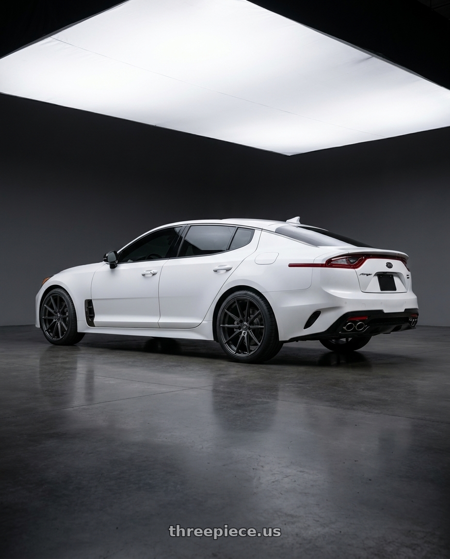 2019 kia stinger gt2 with Konig 37B Oversteer 5x114.3 19x8.5 +45 Gloss Black wheels rear three quarter view square tires