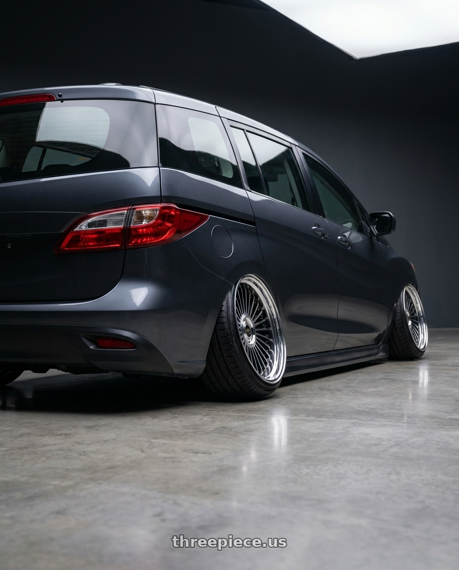2012 Mazda 5 with Work Emitz Black Polish 5x114.3 19x11.0 +38 wheels rear three quarter view extreme stretch tires