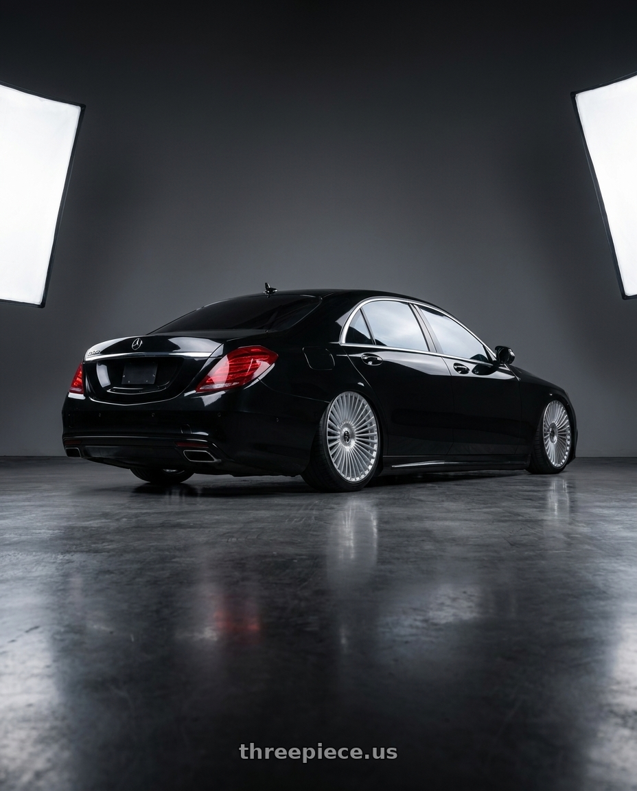 2014 Benz s550 with DOLCE LUXURY TRENTO 6x135/6x139.7 22x9.5 +18 Glossy Silver Brush Face wheels rear three quarter view extreme stretch tires