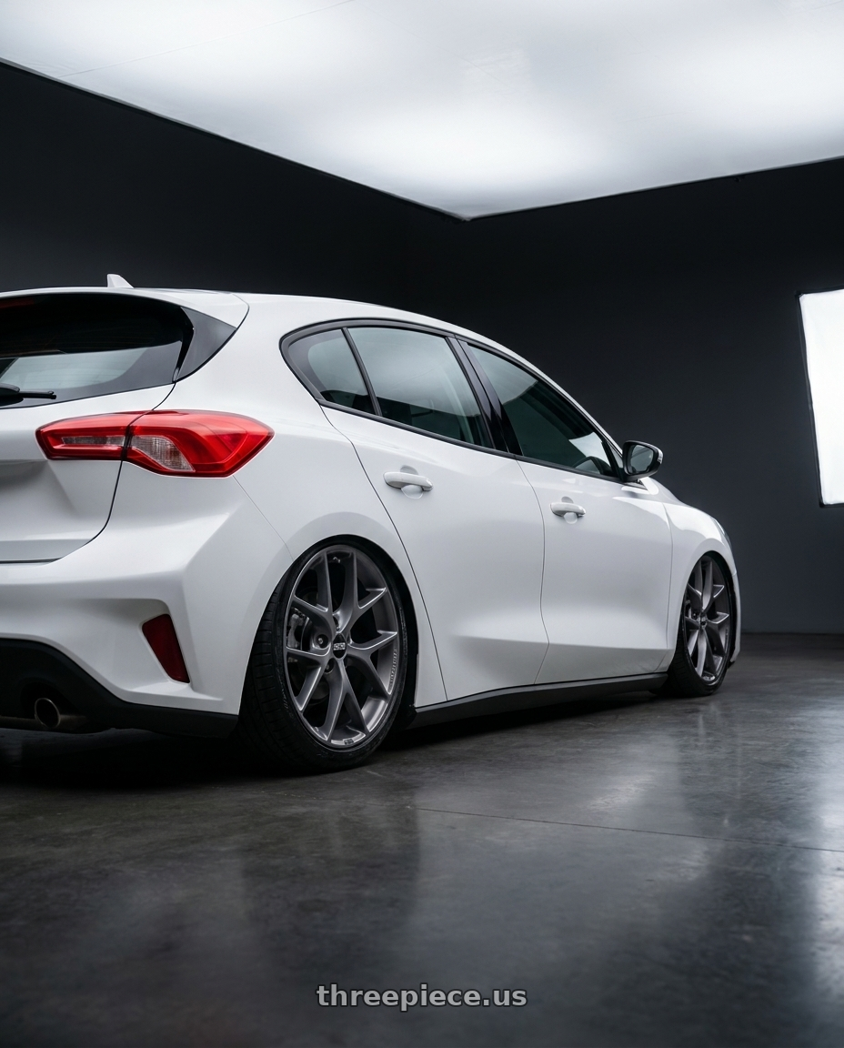 2020 Ford focus with BBS SR 5x115 18x8.0+36 Satin Himalaya Grey wheels rear three quarter view slight stretch tires