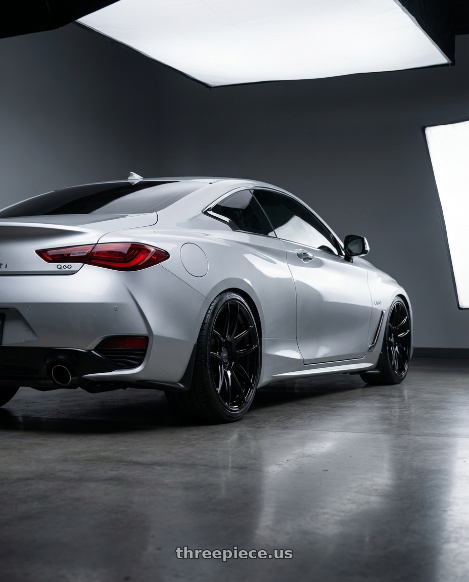 2020 Infiniti Q60 with ESR Wheels CS SERIES CS8 5x114.3 19x10.5 +30 Gloss Black wheels rear three quarter view square tires