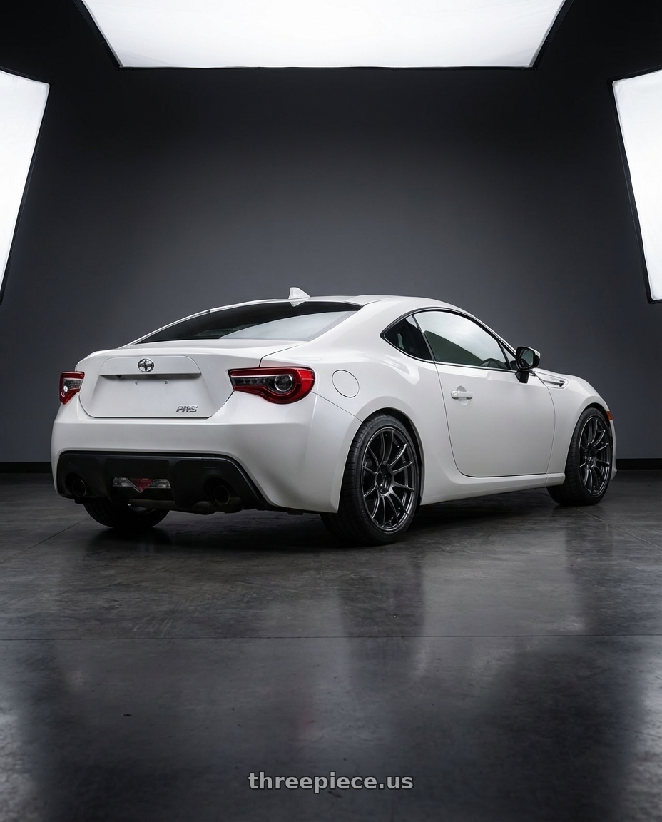 2016 Scion FR-S with Ssr Gtx04 5x100 17x8.5+45  DARK GUNMETAL wheels rear three quarter view square tires