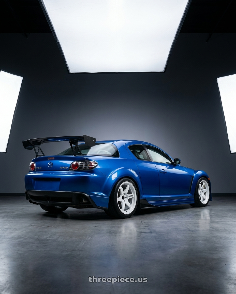 2005 Mazda RX8 with Volk Racing TE37SL 5x114.3 18x10.5 +22 DASH WHITE wheels rear three quarter view square tires