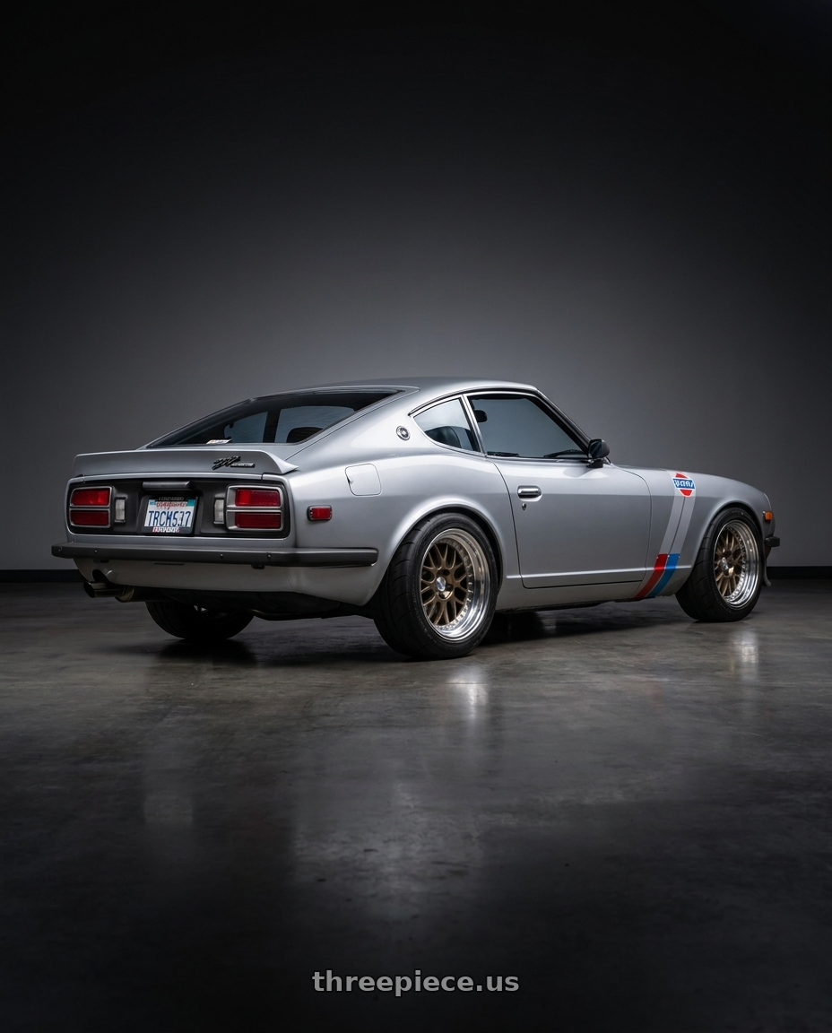 1974 260z nissan with Work Meister M1 3p 4x114.3 16x8+20 A Disk Titanium Gold wheels rear three quarter view square tires