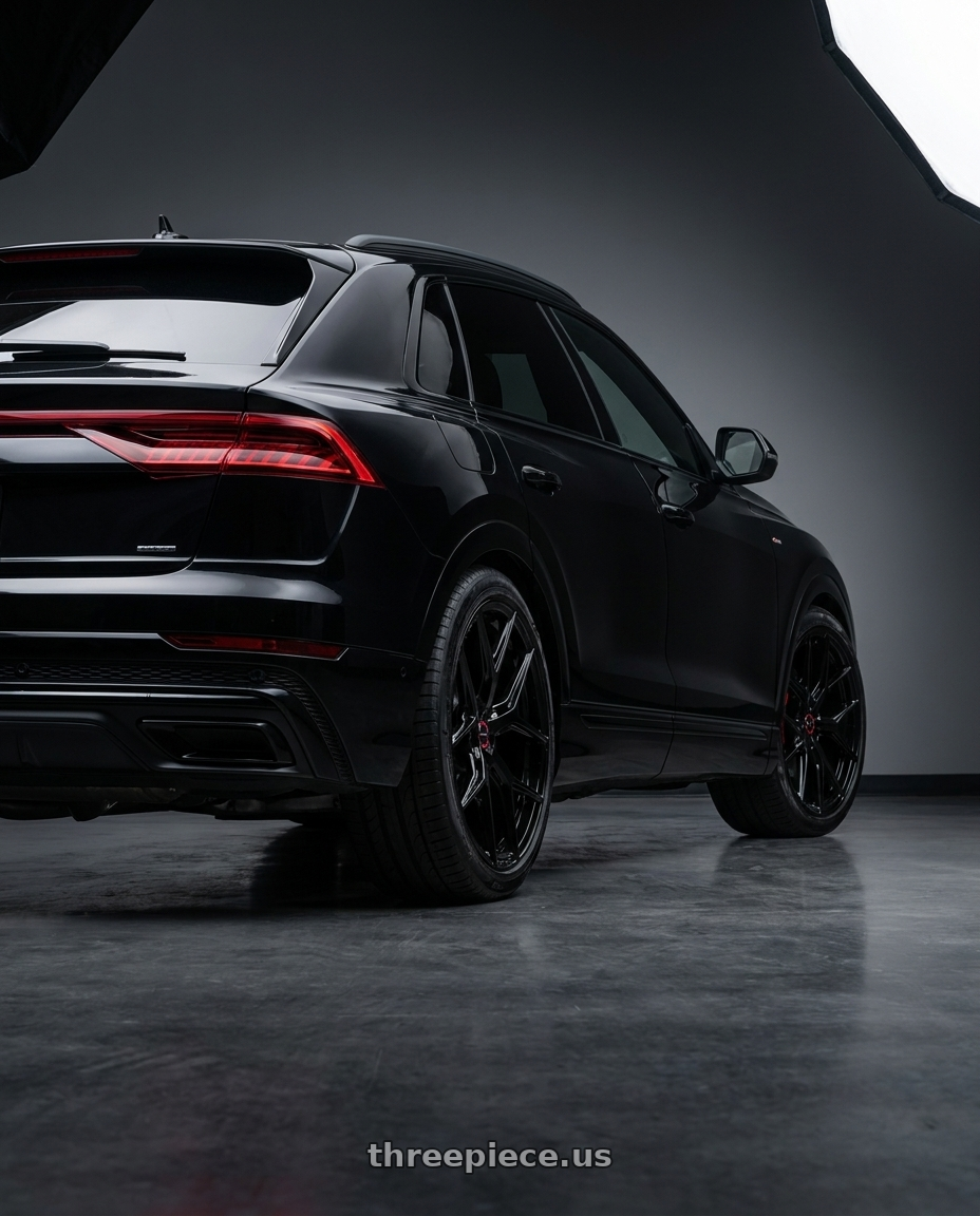 2023 Audi q8 premium plus with VOSSEN HF-5 5X112 23x11 +14 GLOSS BLACK wheels rear three quarter view slight stretch tires