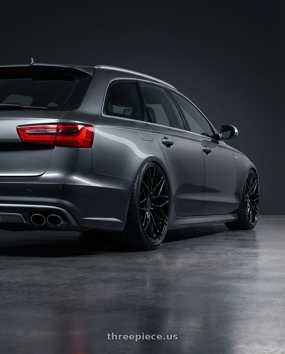 2016 Audi S6 C7 with Avant Garde Wheels M520R 5X112 20x10 +25 Gloss Black wheels rear three quarter view slight stretch tires