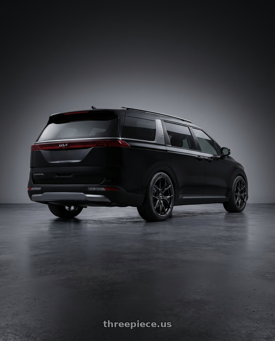 2025 Kia carnival with Versus VERSUS VV21S 5x114.3 20x8.5+45 Jet Black wheels rear three quarter view slight stretch tires