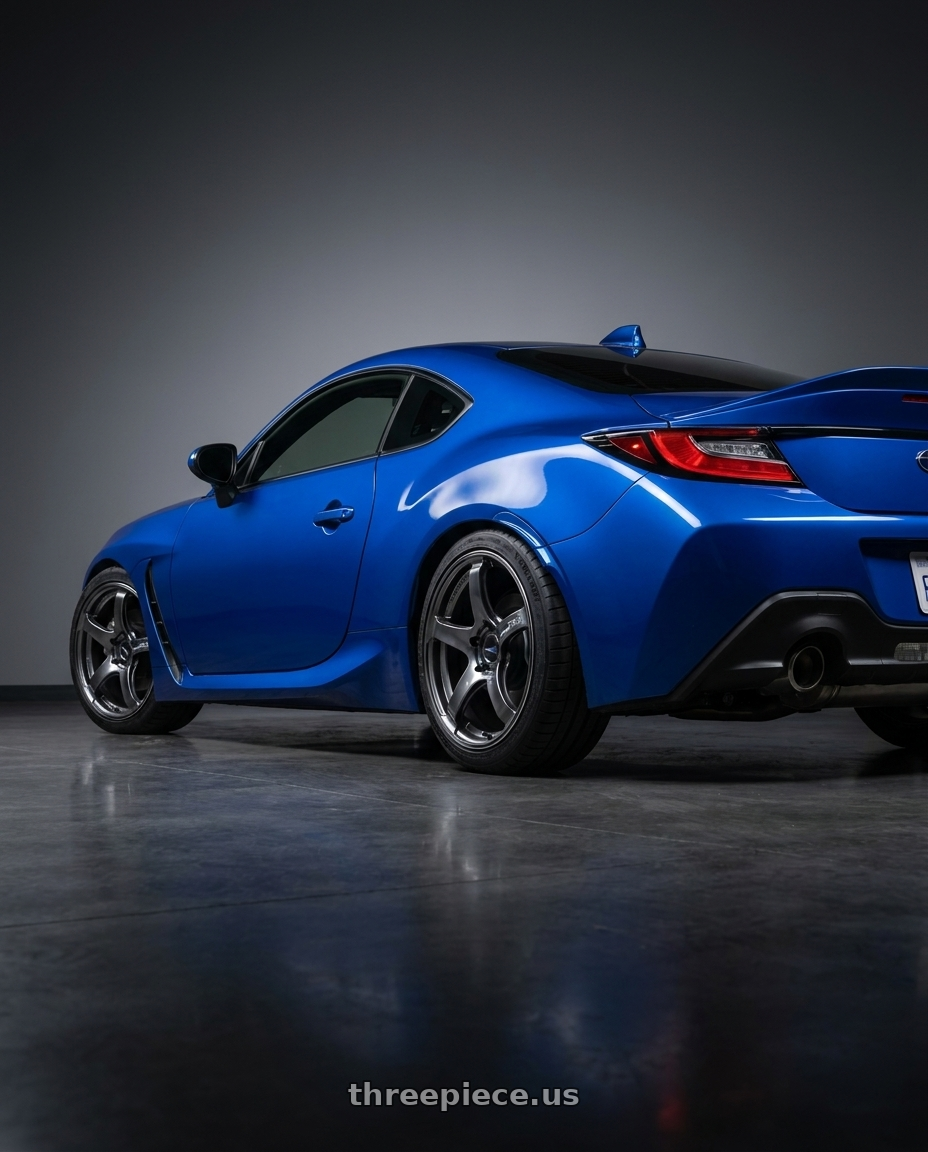 2025 subaru brz with Advan Racing TC4 5x120 18x9.5 +38 BLACK CHROME wheels rear three quarter view square tires