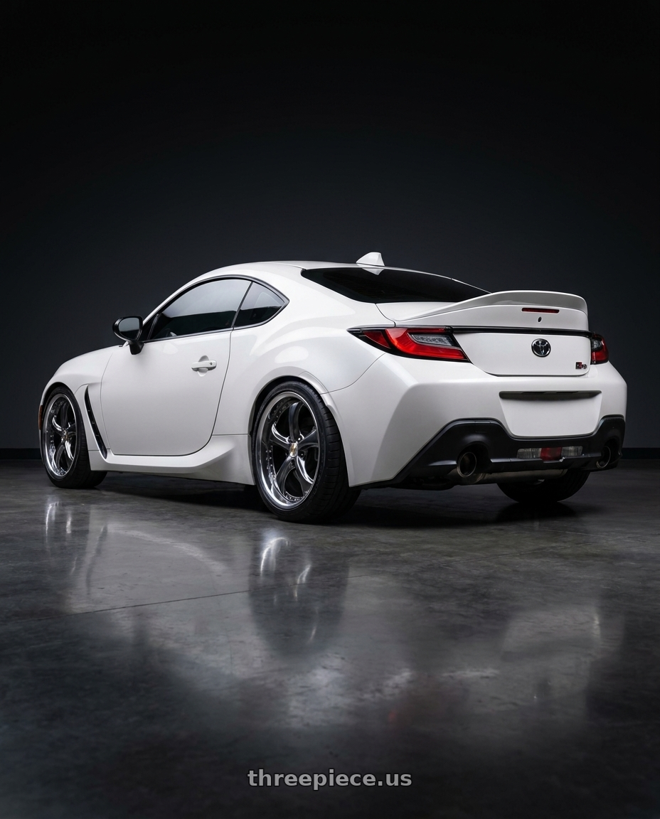 2025 Toyota gr86 base white with Work Wheels VS-KF 5x100 18x8+40 Brilliant Silver Black A Disk FULL REVERSE wheels rear three quarter view square tires