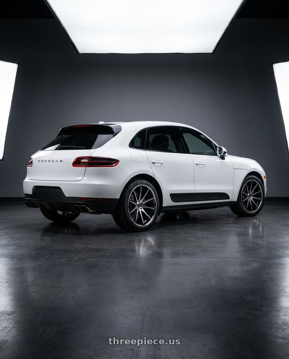 2017 Porsche macan  with Rohana RFC10 5x112 22x9+20 Machine Black/Chrome Lip wheels rear three quarter view square tires