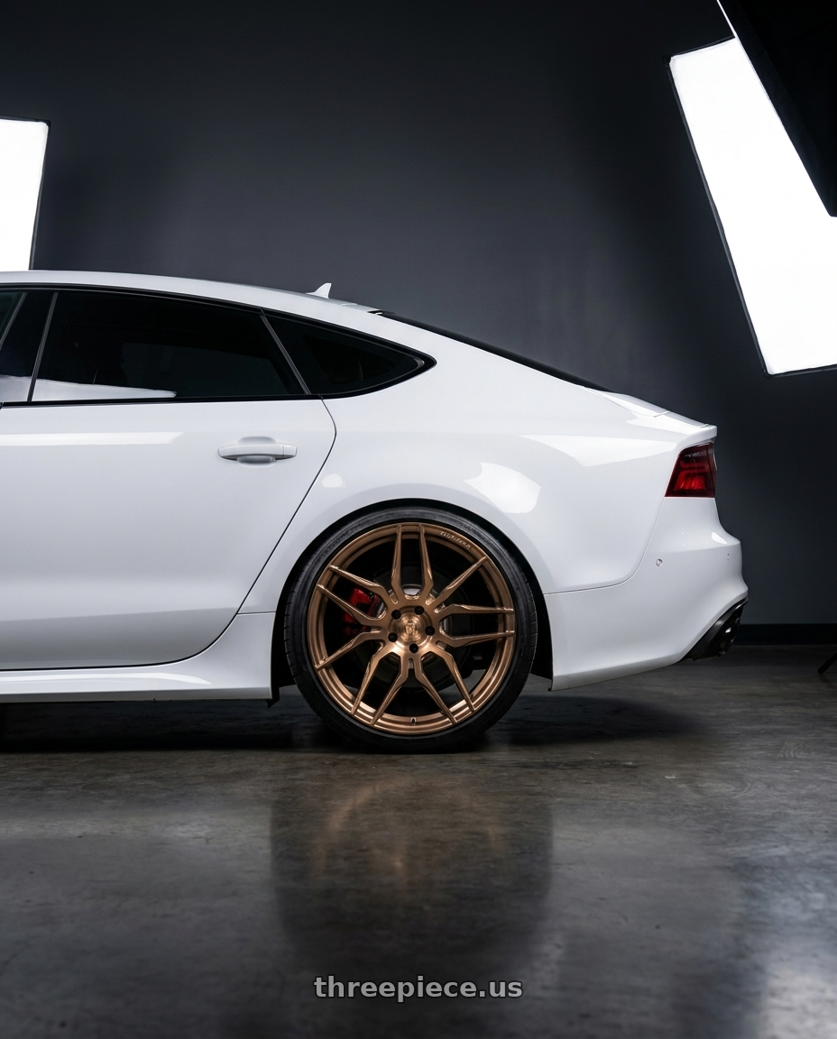 2017 Audi RS7 Performance with Rohana RFX7 5x112 21x11.5+30 Brushed Bronze wheels rear three quarter view slight stretch tires