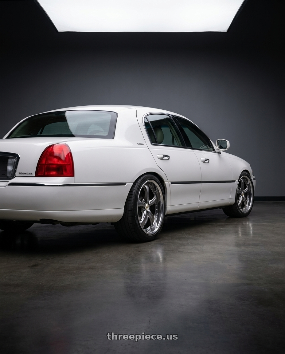 2010 TOWN CAR with Work Wheels VS-KF 5X114.3 19x7.5+34 Brilliant Silver Black A Disk FULL REVERSE wheels rear three quarter view square tires