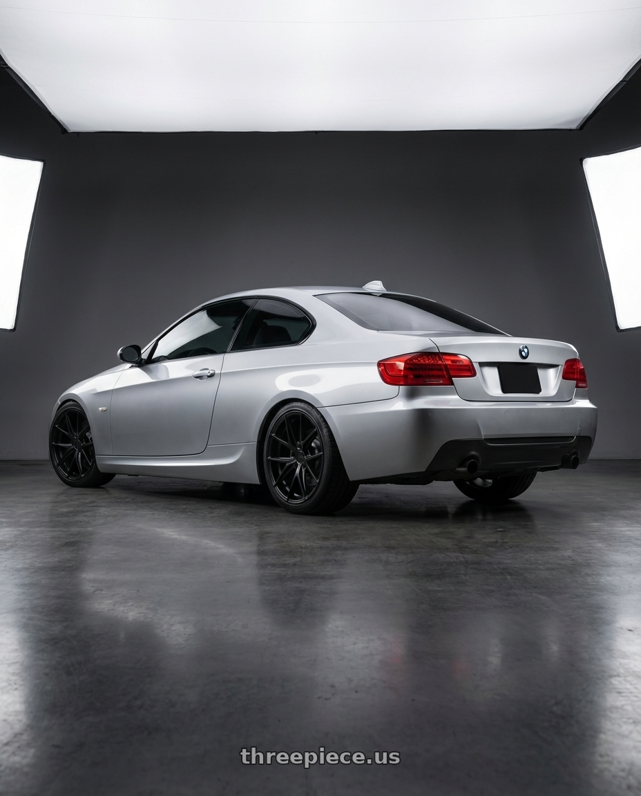 2012 BMW 3 Series E92 with Niche 1PC M117 MISANO 5X120 18X9.5 +40 MATTE BLACK wheels rear three quarter view square tires