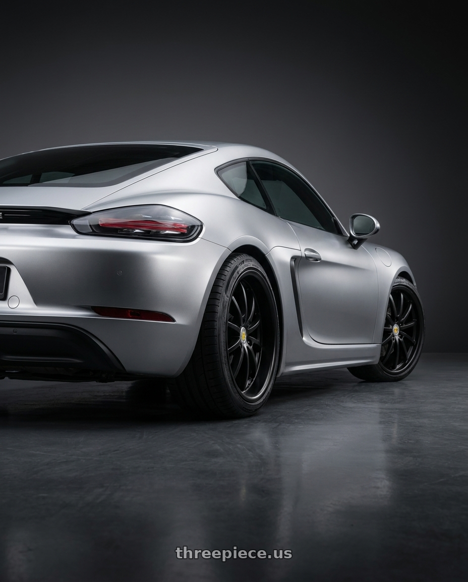 2019 Porsche 718 Cayman, Satin Chrome Silver with Genius DARWIN 3X112 17X6.5 +22 MATTE BLACK wheels rear three quarter view square tires