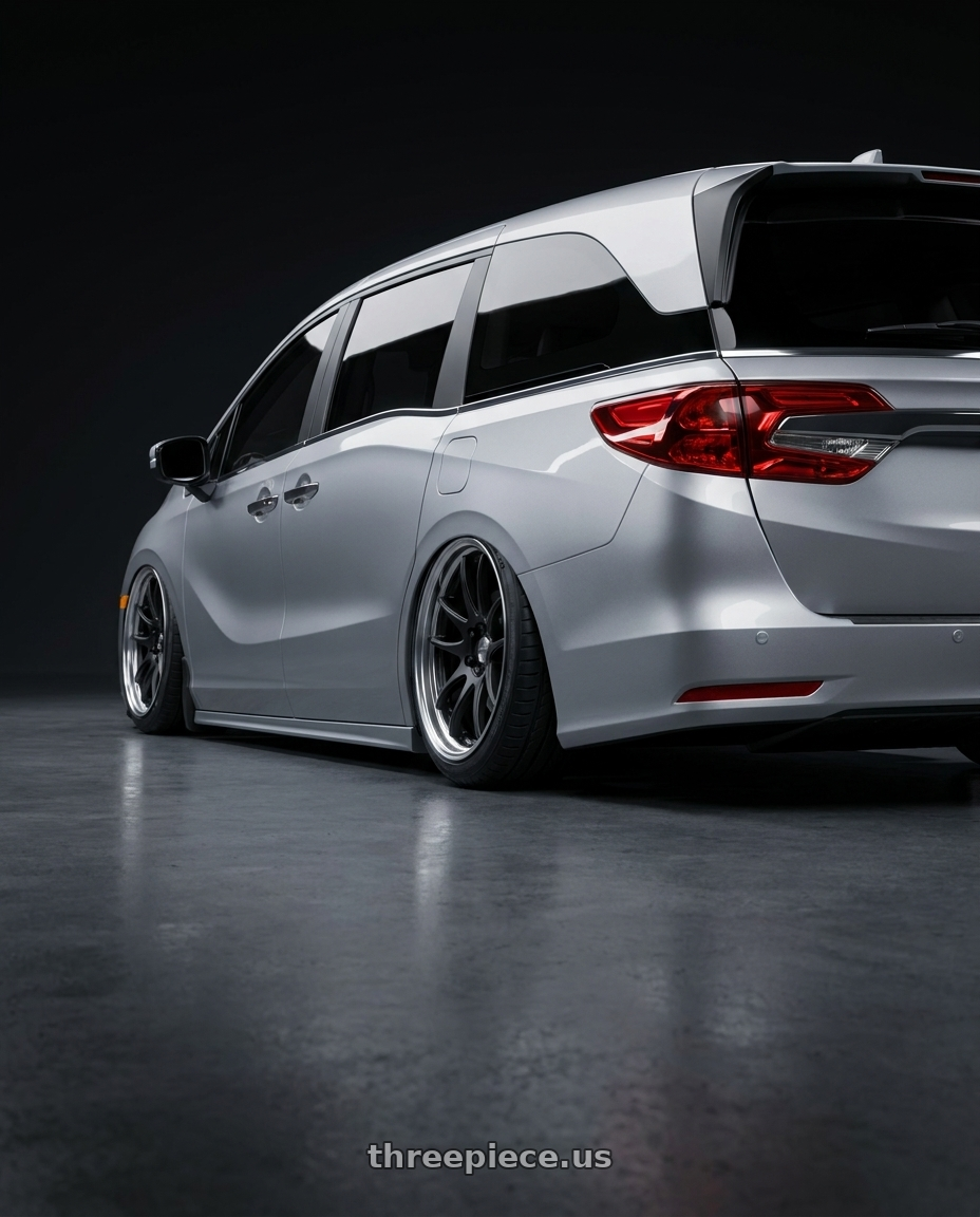 2024 Honda Odyssey with Work Cr 2P 5x120 20x8.0 +38 Matte Black wheels rear three quarter view slight stretch tires