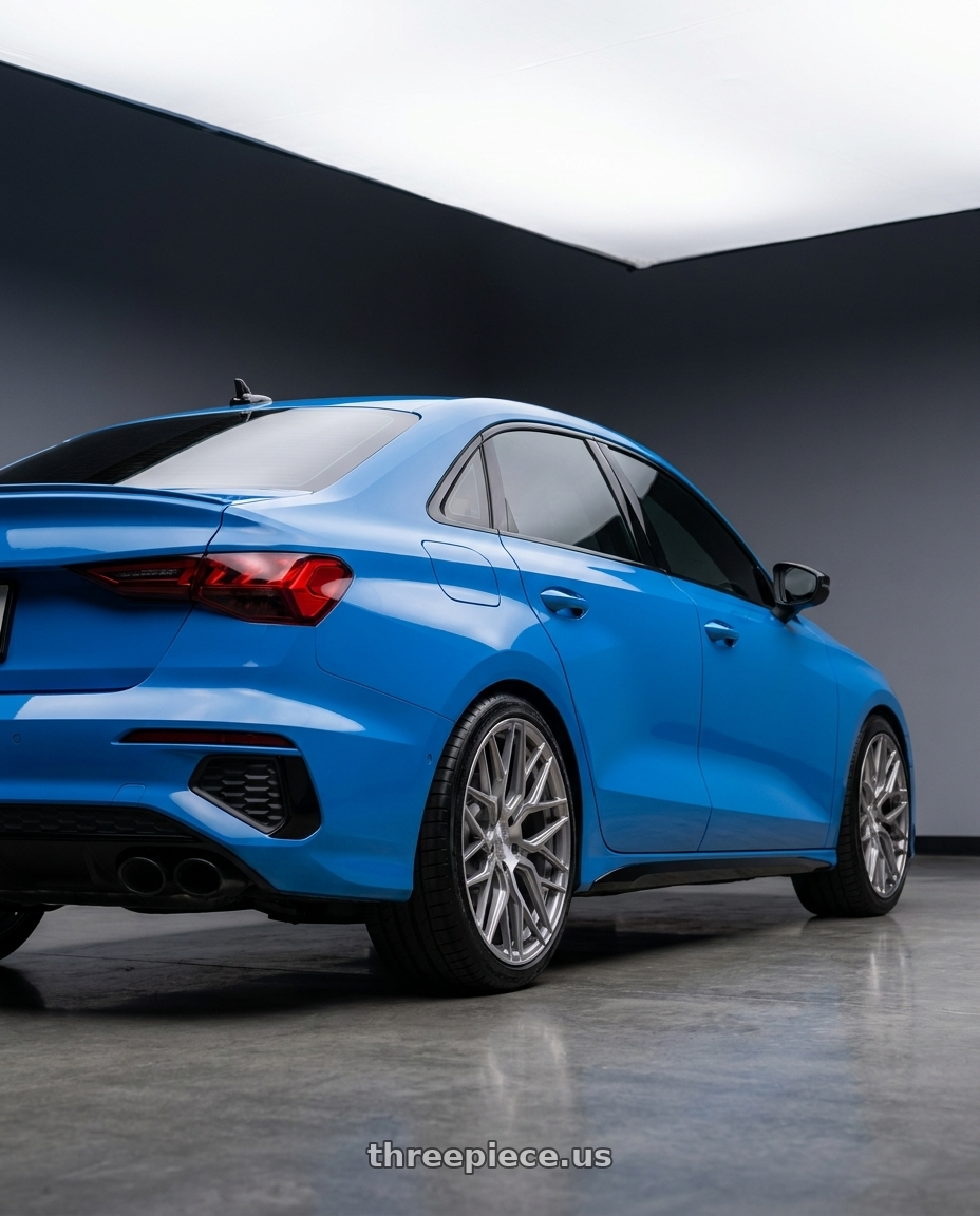 2023 Audi S3 with Rohana RFX10 5x112 19x8.5+42 Brushed Titanium wheels rear three quarter view square tires