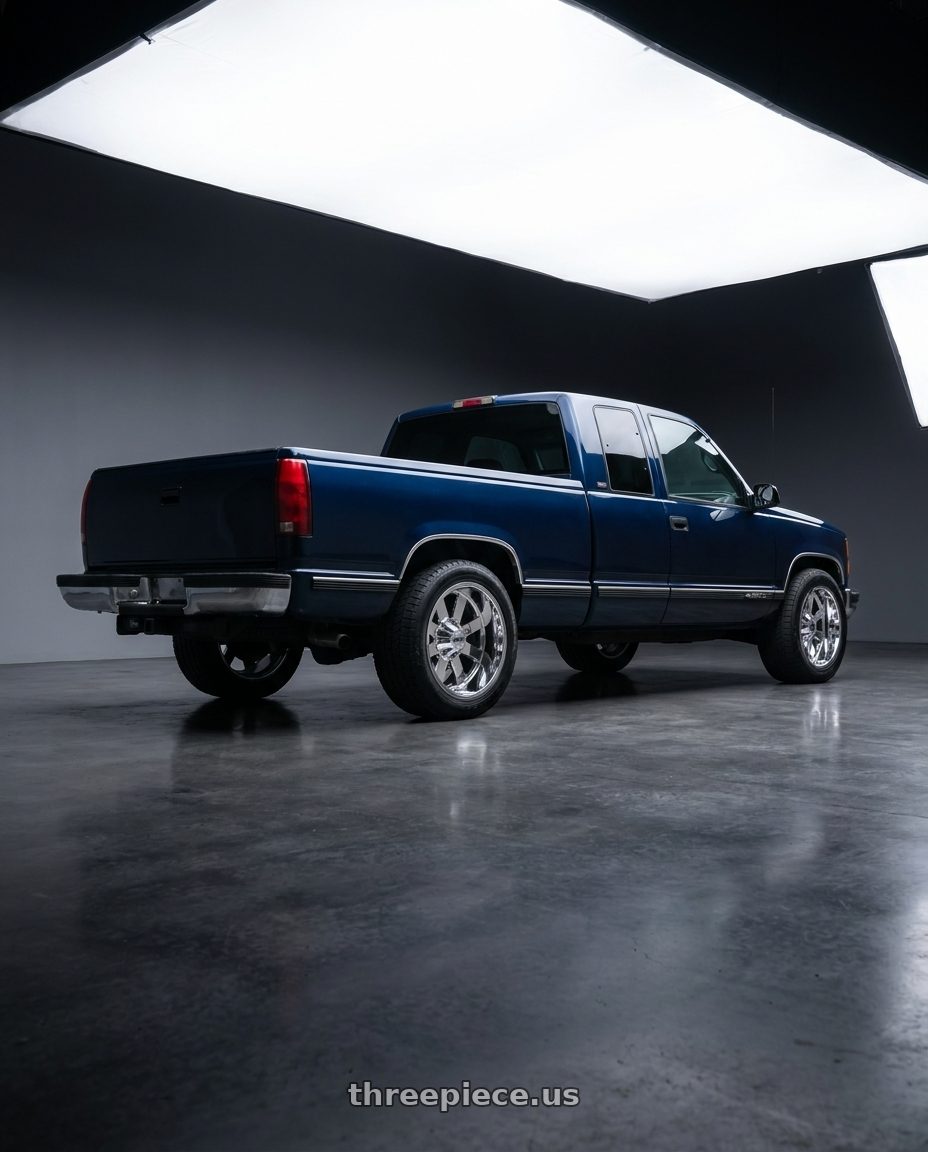 1998 gmc c1500 with Moto Metal MO962 8X165.1 18X9 +0 CHROME wheels rear three quarter view square tires