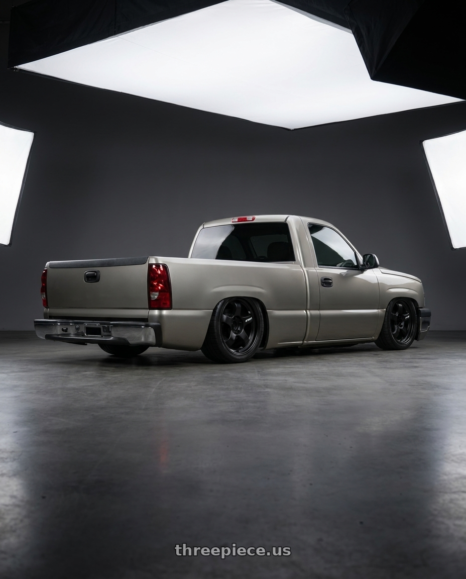 2003 Chevy Silverado 1500 single with WORK Meister S1 SUV 5x150 18x9+0 Matte Black wheels rear three quarter view square tires