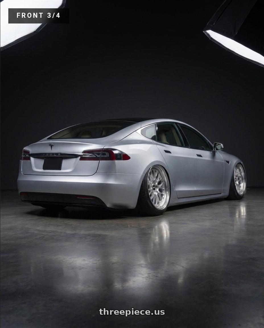 2018 tesla model s with Aodhan DS08 5x120 19x9.5+35 Silver w/Machined Face wheels rear three quarter view extreme stretch tires