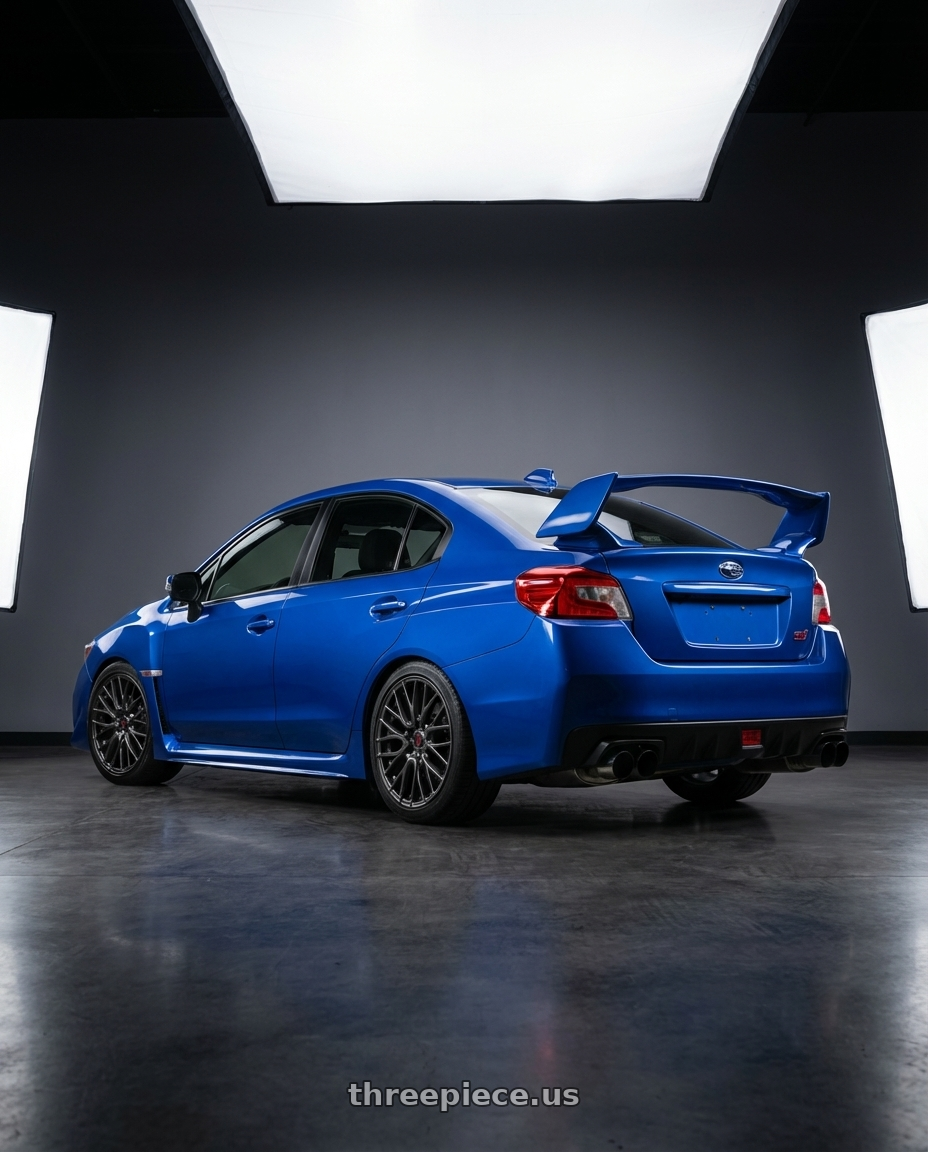 2013 Subaru WRX STI with Forgestar CF5 5x114.3 18x10 +42 Satin Black wheels rear three quarter view square tires