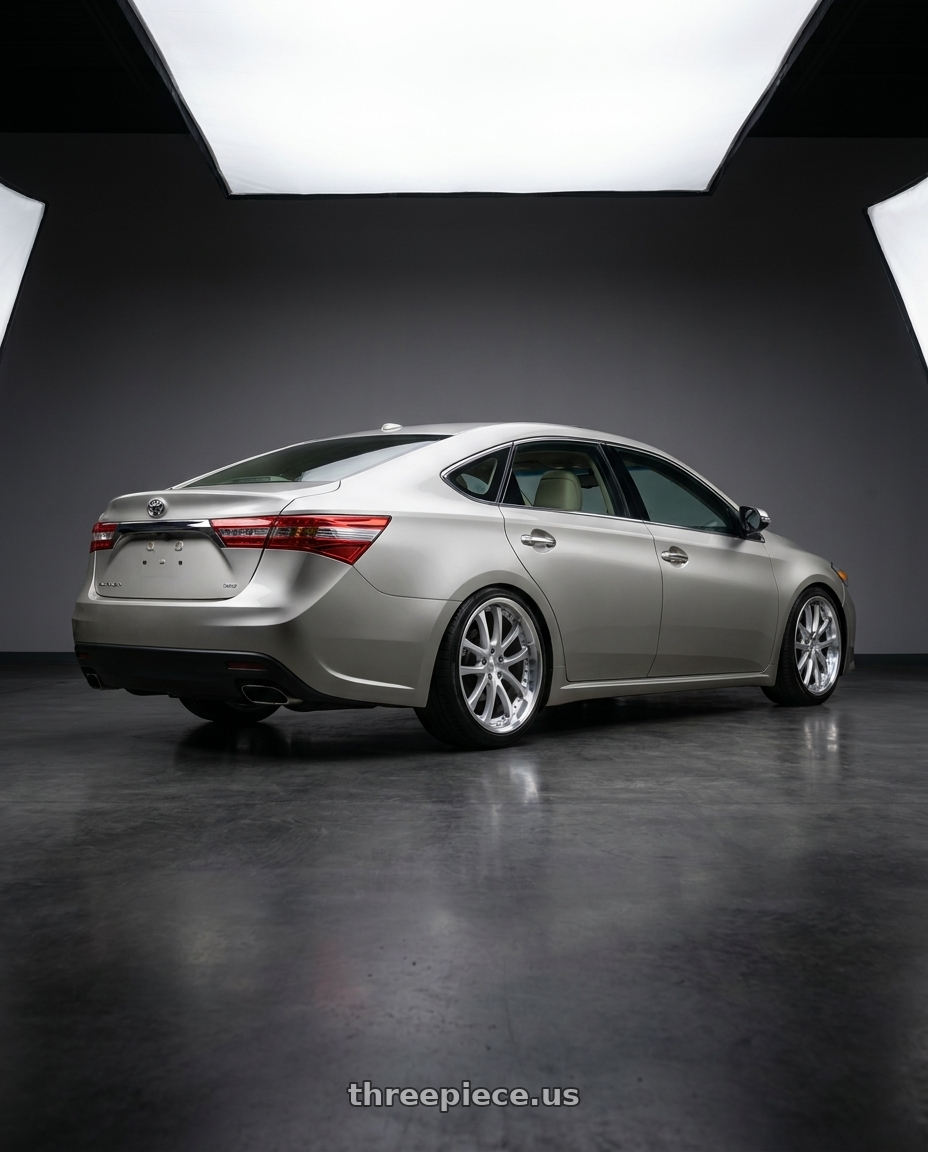 2013 toyota avalon with Vors AR5 5x114.3 19x8.5 +35 Silver Machine Face Lip Chrome Rivet wheels rear three quarter view slight stretch tires