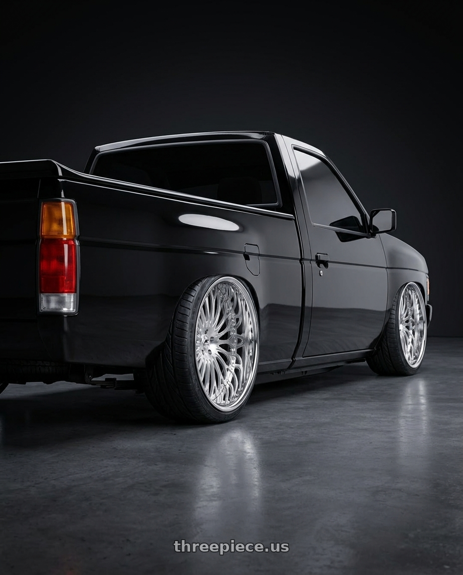 1989 nissan d21 hardbody black  with Amani Napoliano 5x112/5x114.3 22x9 +32 Brush Center Chrome Lip wheels rear three quarter view extreme stretch tires