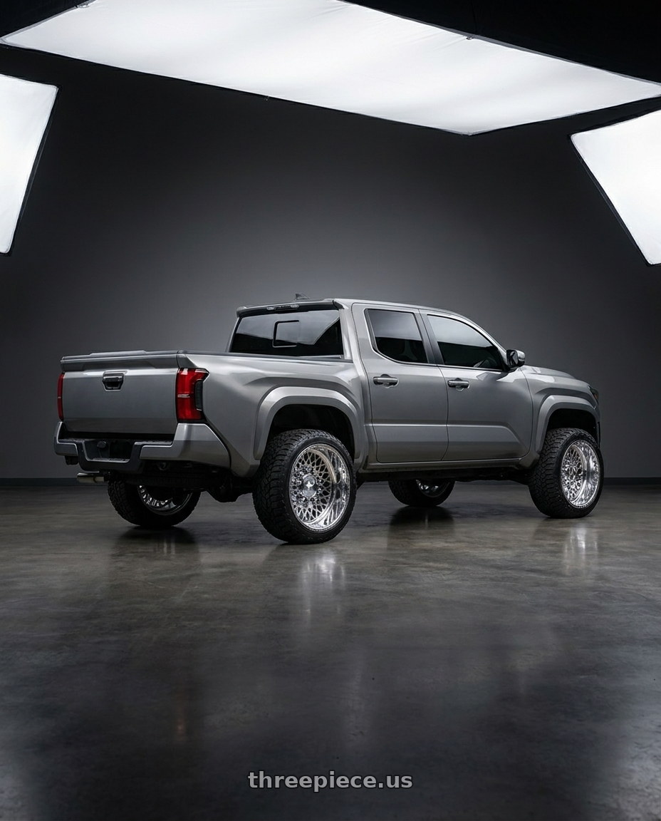 2024 toyota tacoma 4th gen sr 4 door with American Force 7N28 COVERT CCBR 8x170 24x14 -90 Polished wheels rear three quarter view slight stretch tires