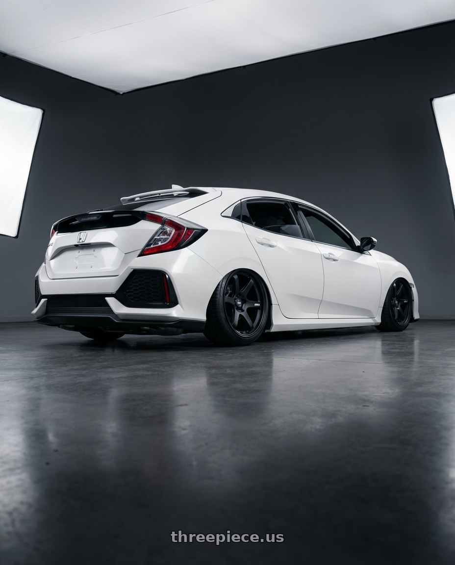 2019 Honda Civic with ESR Wheels APEX SERIES AP6 5x114.3 19x9.5 +22 Matte Black wheels rear three quarter view slight stretch tires