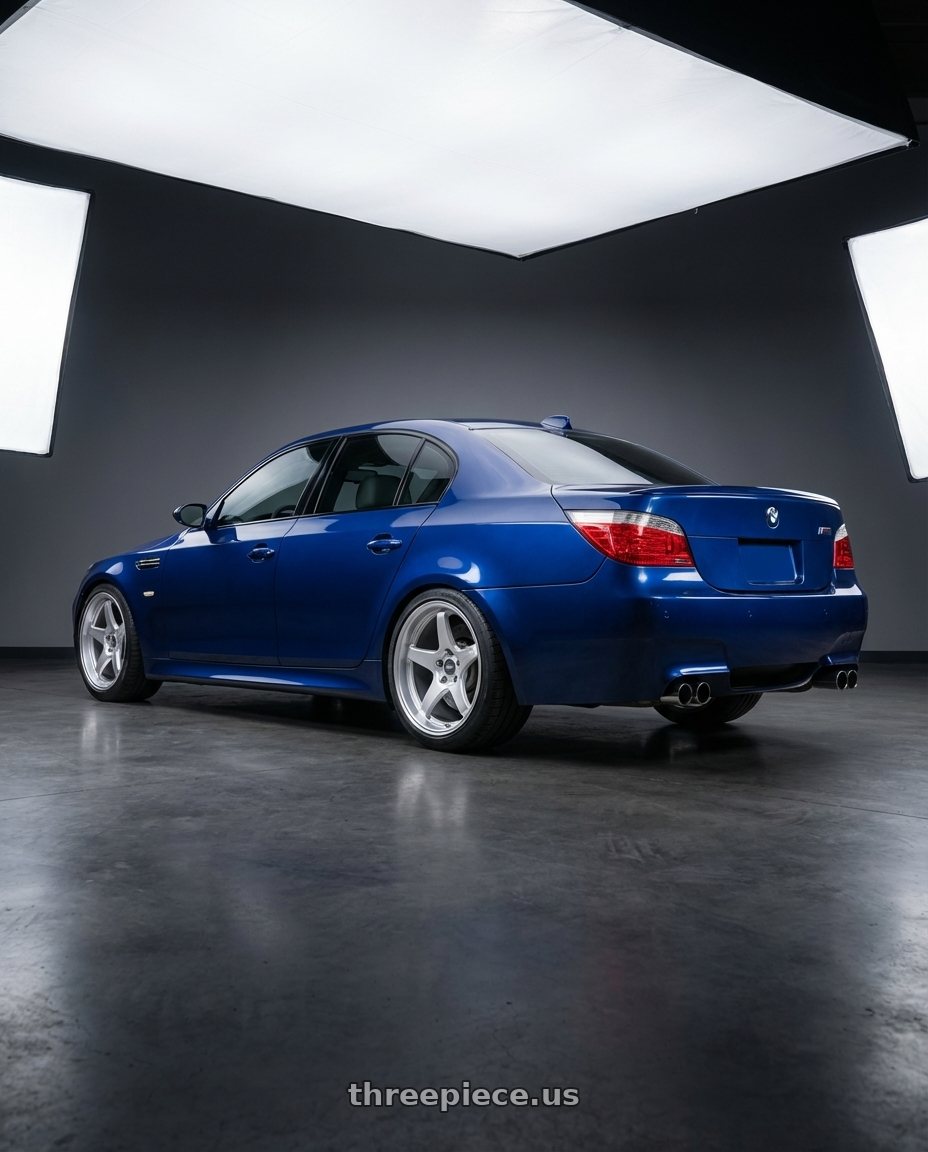 2010 BMW M5 E60 with ESR Wheels APEX SERIES AP5 5x120 19x9.5 +22 Hyper Silver wheels rear three quarter view square tires