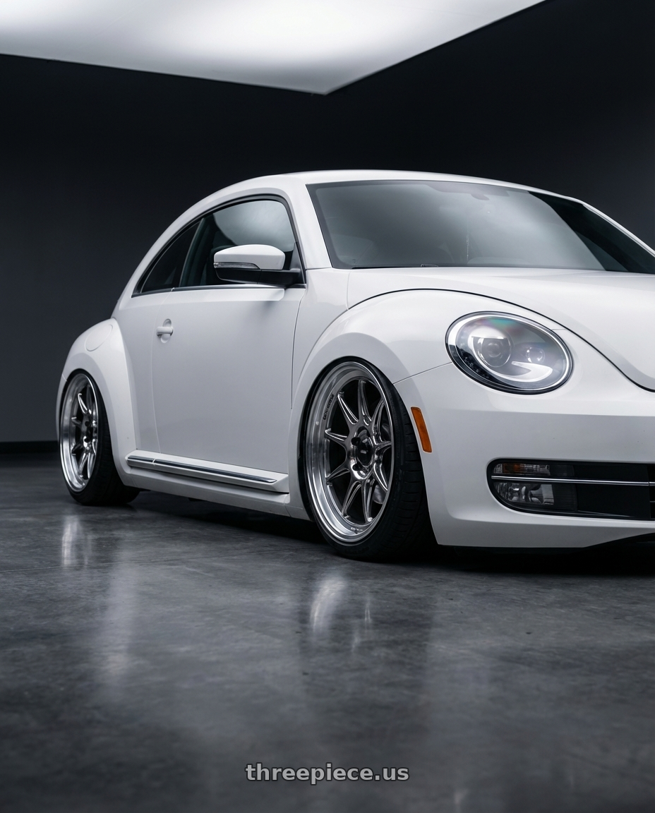 2016 Volkswagen Beetle Turbo with Konig Countergram 5x112 19x11+40 Hyper Chrome / Machined Lip wheels front three quarter view stanced stance