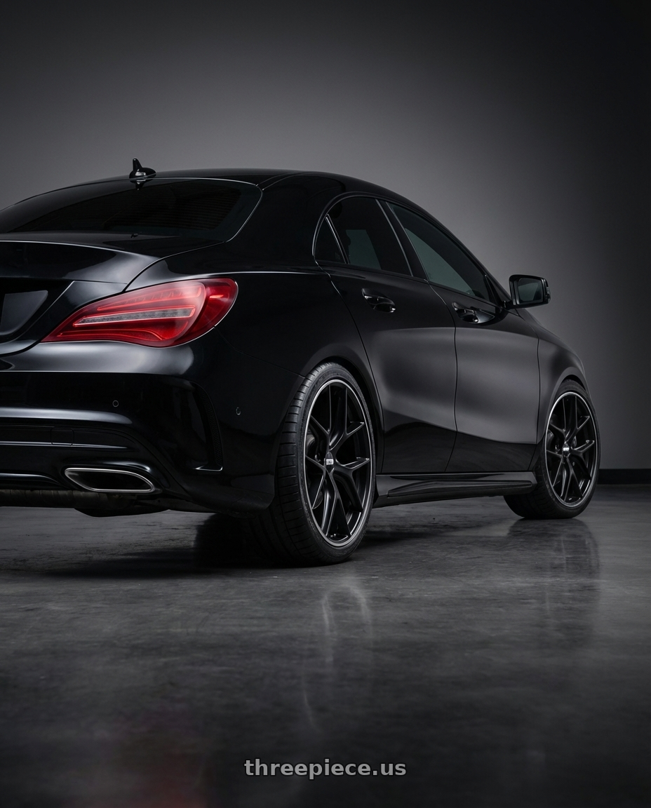 2018 Mercedes-Benz CLA C117 with BBS CC-R 5x112 19x8.0+27 Satin Black wheels rear three quarter view square tires