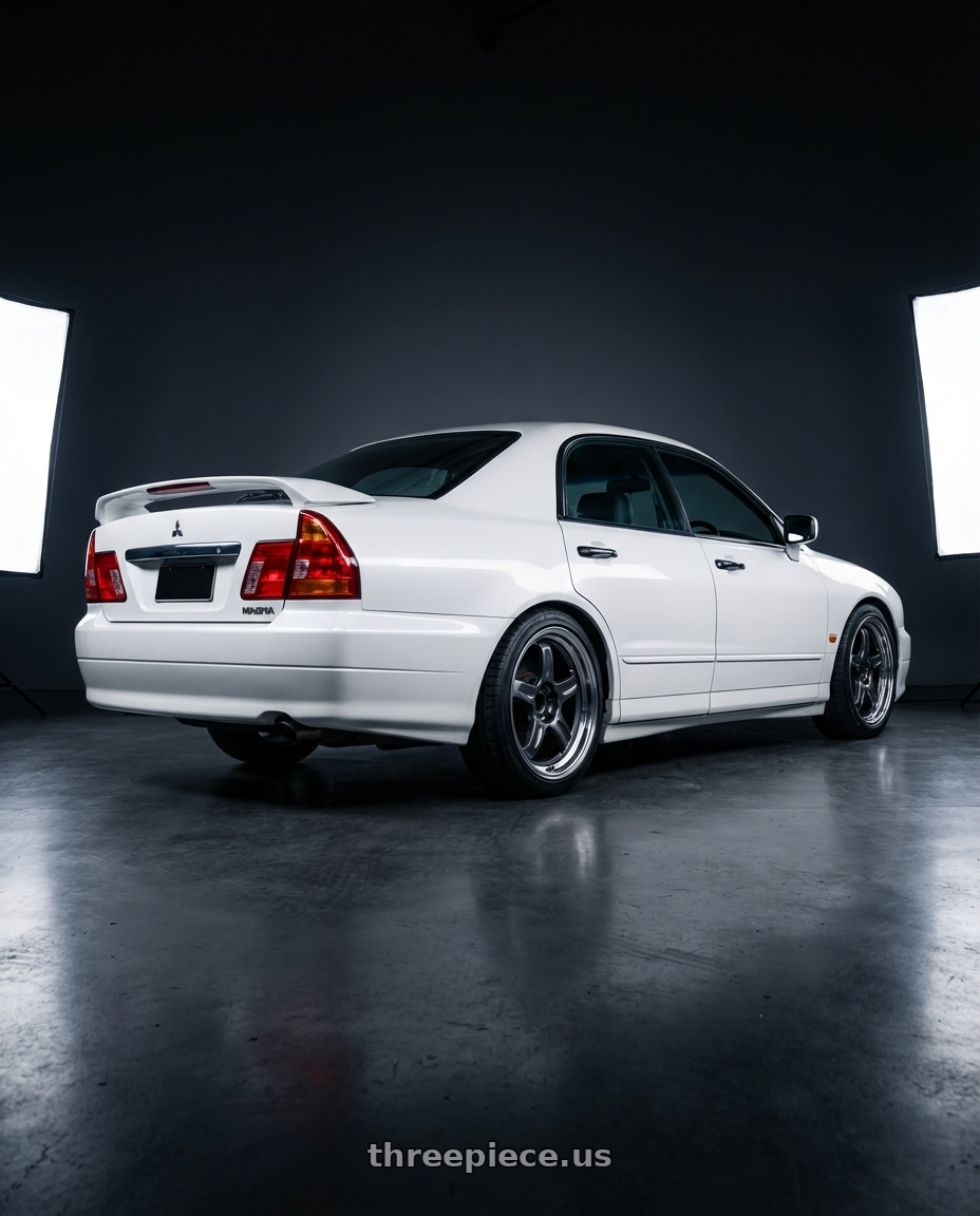 1998 Mitsubishi Magna Sports White with Volk Racing 21C 5x114.3 18x8.5 +35 DARK GUNMETAL / RIM DC wheels rear three quarter view square tires