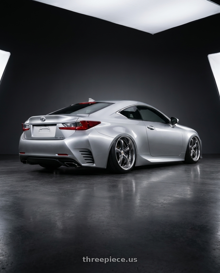 2015 Lexus rc350 with Work Wheels VS-KF 5X114.3 19x8+28 Brilliant Silver Black A Disk FULL REVERSE wheels rear three quarter view slight stretch tires